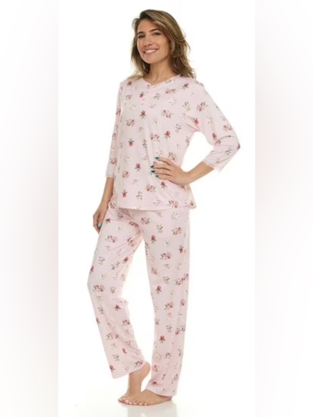 FLORA NIKROOZ Womens Pink Roses & Teacups Long Sleeve/Pajama Pants 2 Piece Set